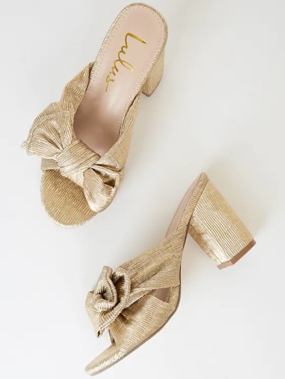 Lulu's Metallic Gold Bow Block Heel Mules